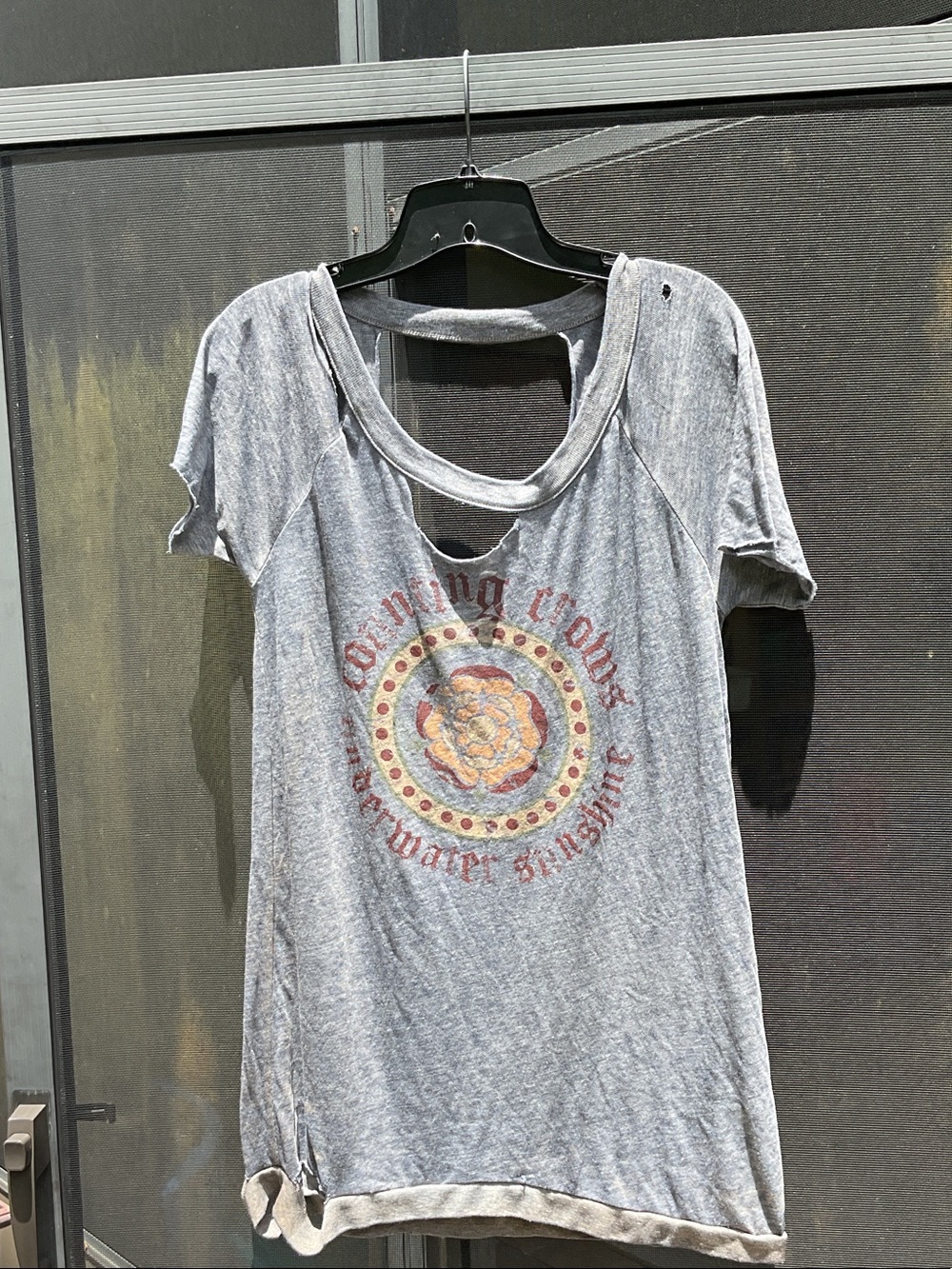 Chaser Counting Crows Gray Distressed Cutout Short-Sleeve Graphic Tee